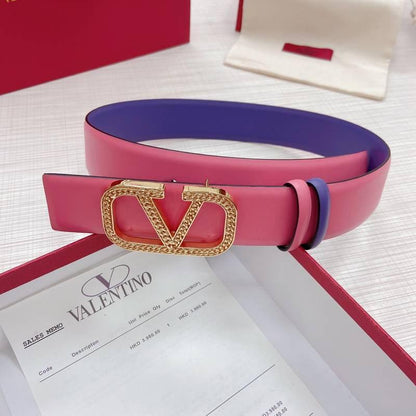 Valentino V logo Hammered Buckle Reversible Wide Signature Belt &