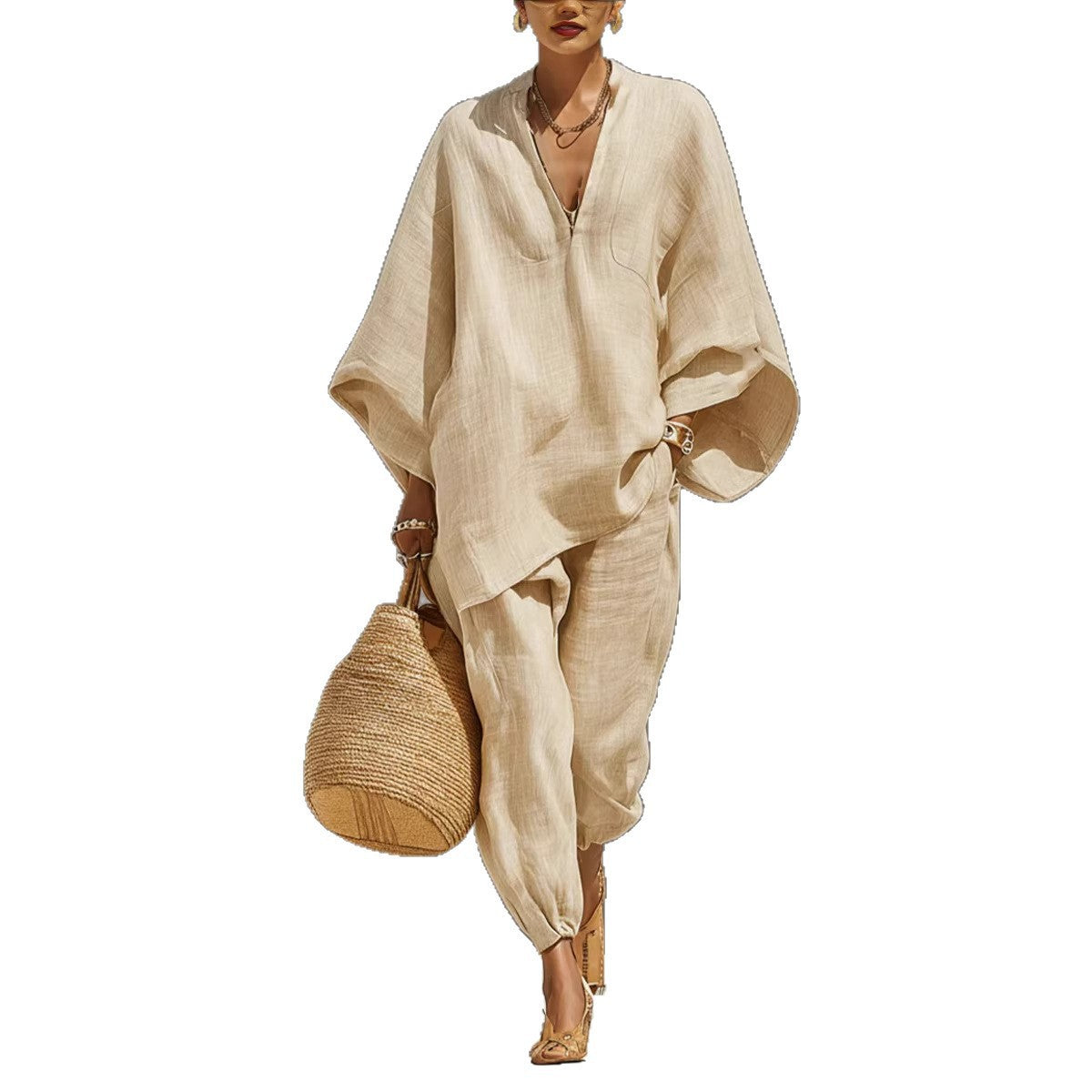 Batwing Sleeve V-Neck Casual Pants Suit