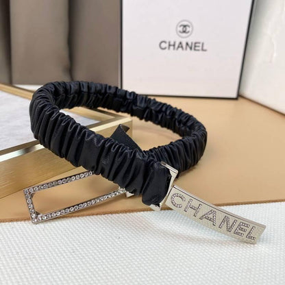 Chanel Logo Buckle Elastic Belt Leather with Metal and Crystals &