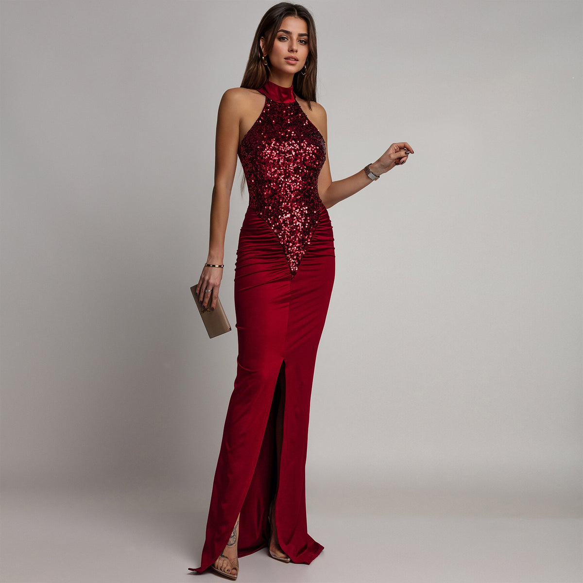 Sequined Velvet Slit Dress