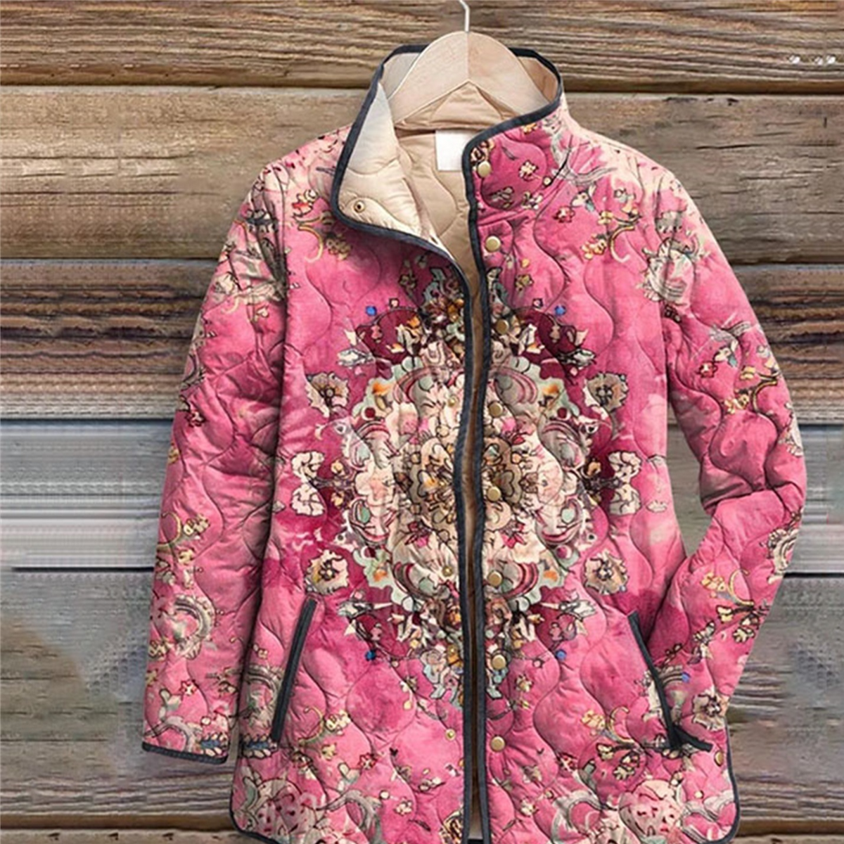 Women Floral Stand Collar Pleated Cotton Sweatshirt