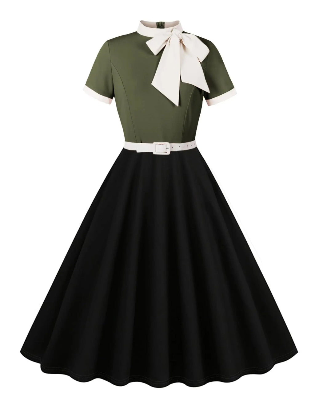 1950s style vintage swing dress in army green with short sleeves, tie neck, and flared black skirt.
