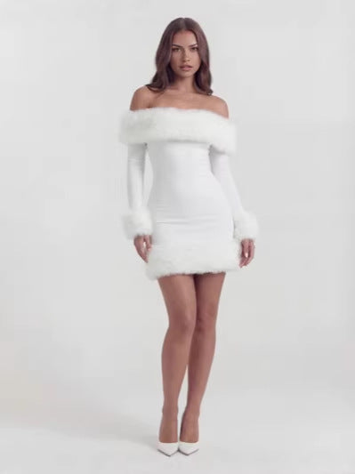 high temperament plush long sleeve off-shoulder autumn and winter backless Sexy Slim solid color hot girl hip skirt