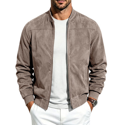 Men Casual Suede Zip Up Jacket Long Sleeve Outerwear