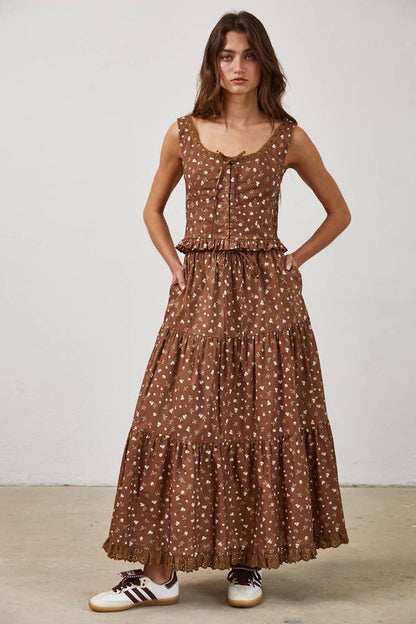 Floral Lace Trim Front Tie Top &amp; Skirt Set