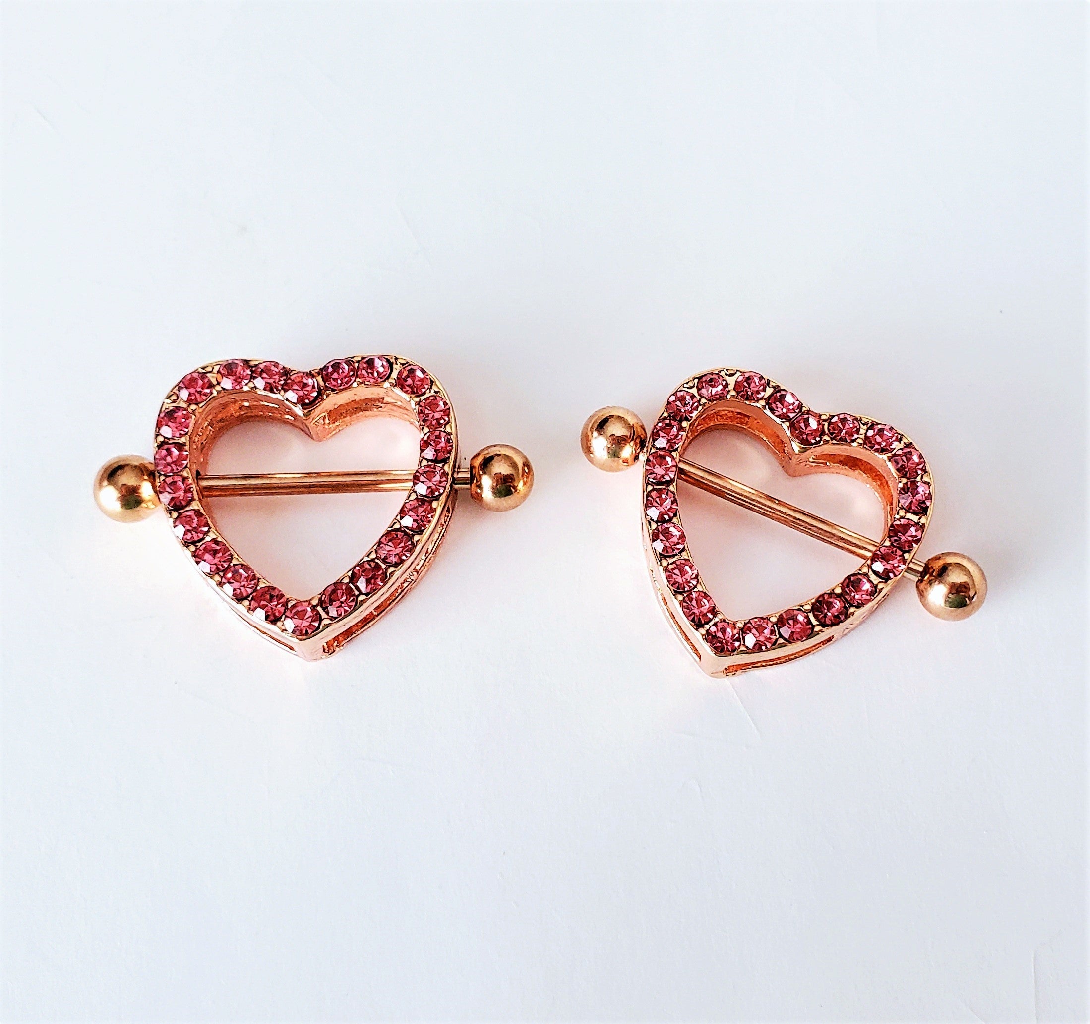 Rose Gold Crystal Heart Nipple Rings 14G Surgical Steel Jewelry