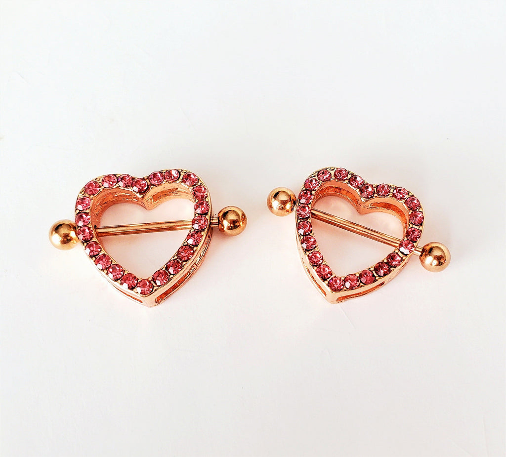Rose Gold Crystal Heart Nipple Rings 14G Surgical Steel Jewelry