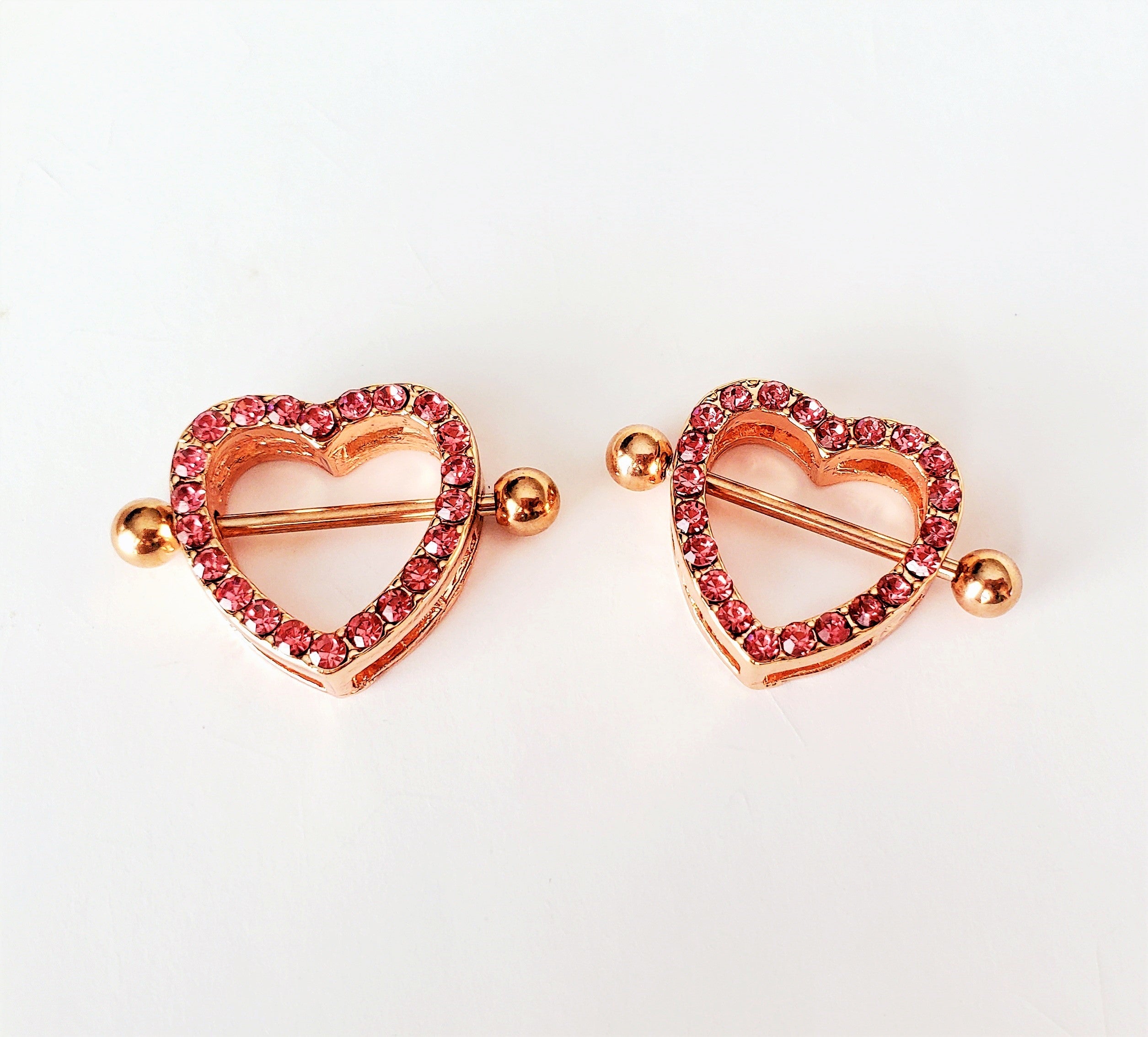 Rose Gold Crystal Heart Nipple Rings 14G Surgical Steel Jewelry