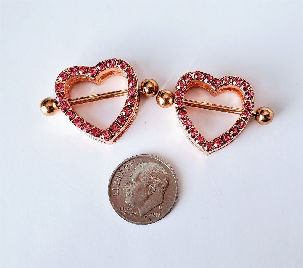 Rose Gold Crystal Heart Nipple Rings 14G Surgical Steel Jewelry