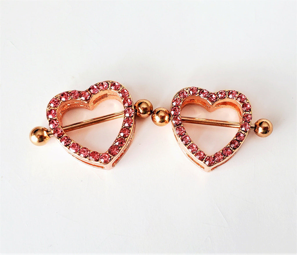 Rose Gold Crystal Heart Nipple Rings 14G Surgical Steel Jewelry