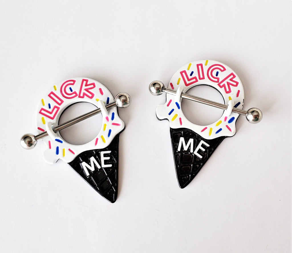 Lick Me Stainless Steel Ice Cream Cone 14G Nipple Ring Barbell Jewelry