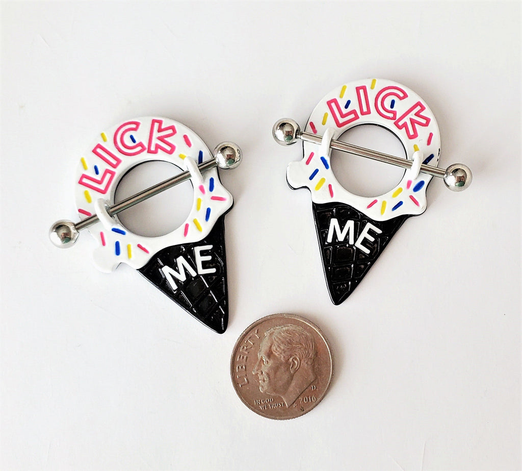 Lick Me Stainless Steel Ice Cream Cone 14G Nipple Ring Barbell Jewelry