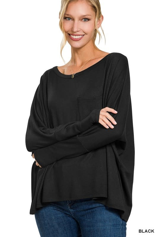 Dolman Sleeve Round Neck Top W/ Pocket - Black