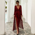 Quasten Pailletten Bankettkleid Sexy Langarm Tiefer V-Ausschnitt Schlitz Geburtstagspartykleid Damen Abschlussball Formelles Abendkleid