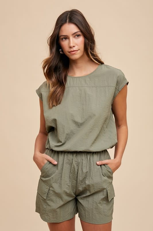 Utility Sportive Top &amp; Cargo Shorts Set - Olive