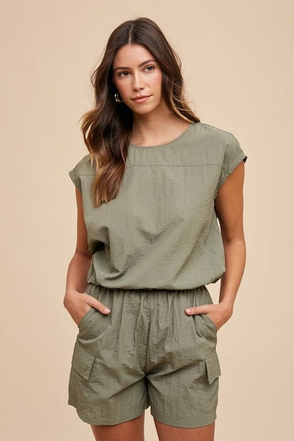 Utility Sportive Top &amp; Cargo Shorts Set - Olive