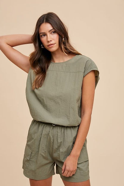 Utility Sportive Top &amp; Cargo Shorts Set - Olive