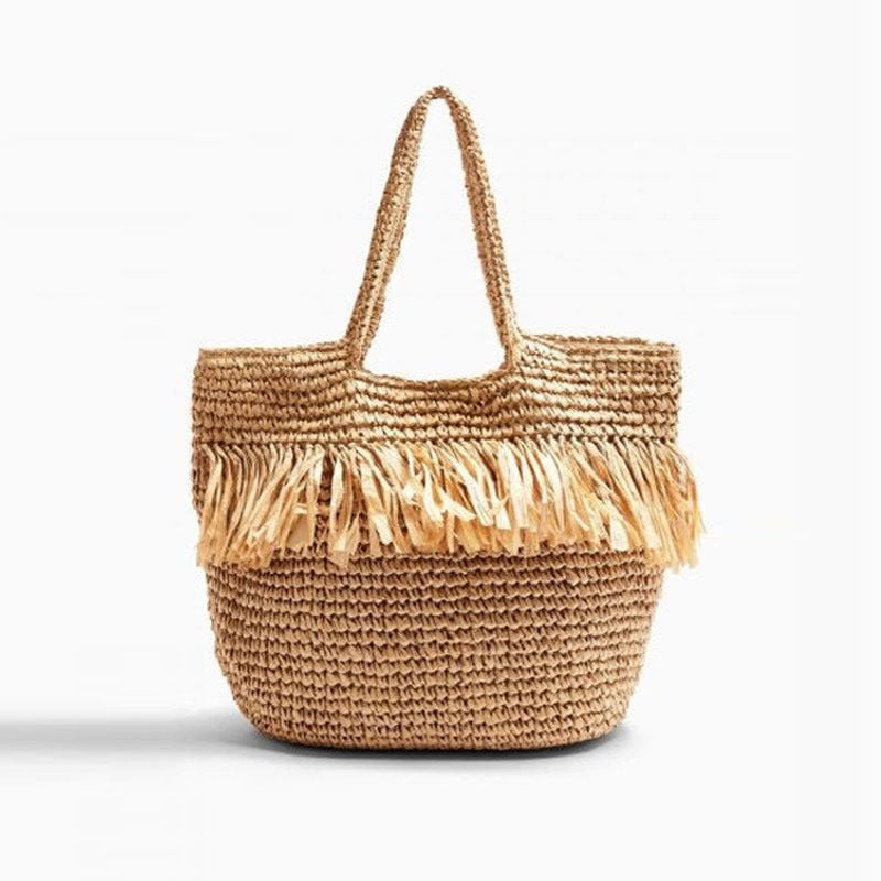 Strohtasche Gewebte Tasche Quaste Strohtasche Urlaub am Meer Strandtasche Schulter Tragbare Große Kapazität Damen Tasche