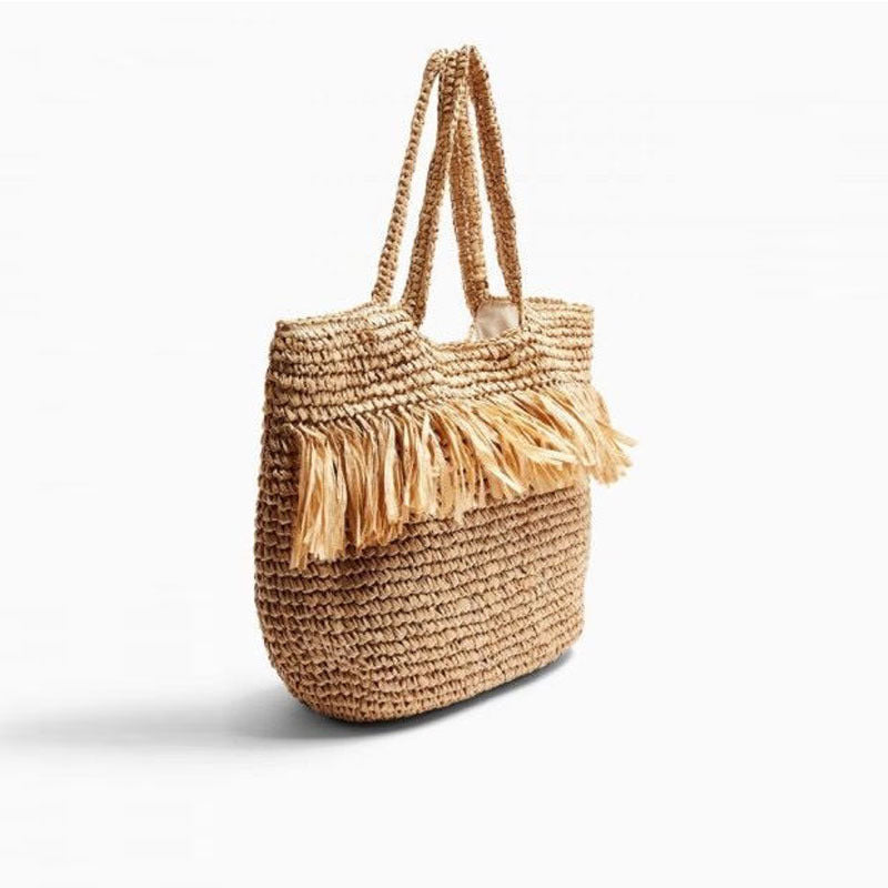 Strohtasche Gewebte Tasche Quaste Strohtasche Urlaub am Meer Strandtasche Schulter Tragbare Große Kapazität Damen Tasche