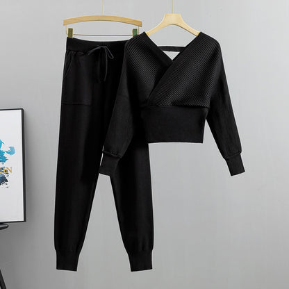 Women Double V Neck Off Shoulder Knitted Two Piece Suit