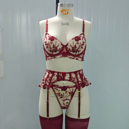 Floral Embroidery Lingerie Set with Garter Belt