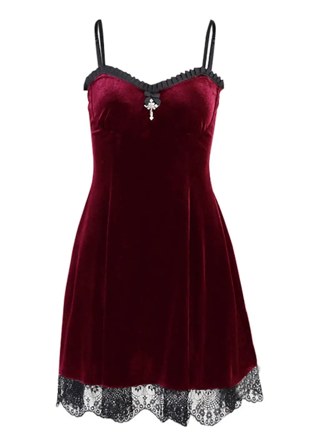 Gothic lolita dress for women in red velvet with lace hem and halter straps, perfect for alternative fashion.