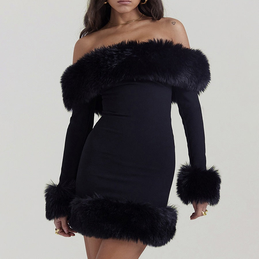 high temperament plush long sleeve off-shoulder autumn and winter backless Sexy Slim solid color hot girl hip skirt