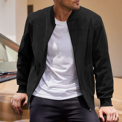 Mens Suede Stand Collar Bomber Jacket