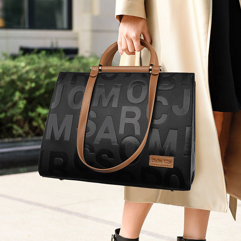 Damen Handtasche Groß Fassungsvermögen Buchstabe Grafik Geprägte Tragetasche Farbe Kontrast Elegante Umhängetasche Arbeitsbürotasche Damen