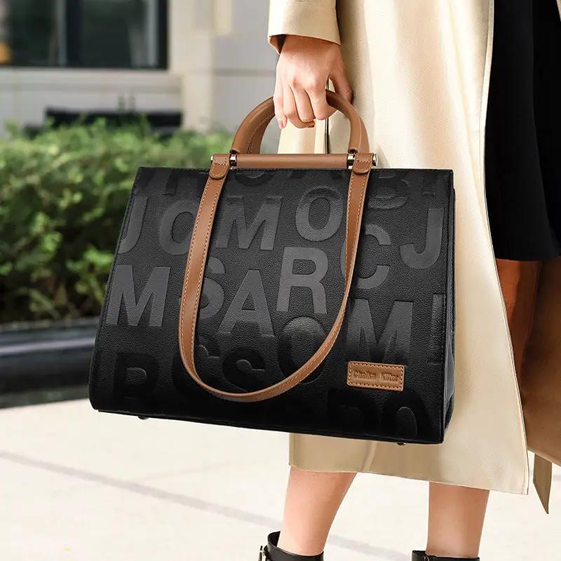 Women Handbag Large Capacity Letter Graphic Embossed Tote Bag Color Contrast Elegant Shoulder Bag Work Office Bag Women by Wanita Store