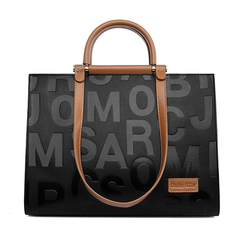 Damen Handtasche Groß Fassungsvermögen Buchstabe Grafik Geprägte Tragetasche Farbe Kontrast Elegante Umhängetasche Arbeitsbürotasche Damen