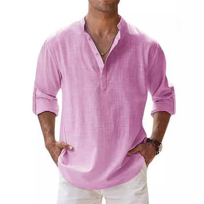 Mens Casual Stand Collar Long Sleeve Cotton Shirt
