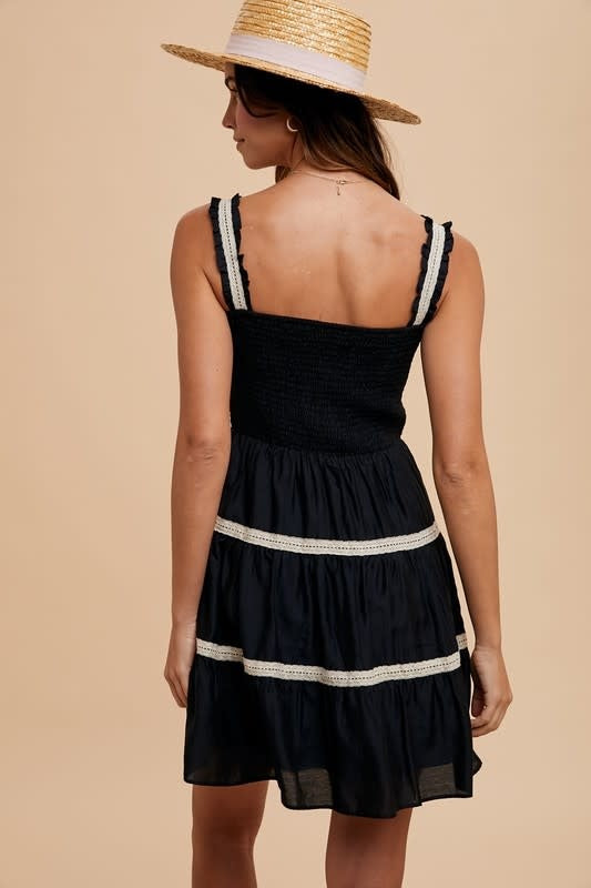 Crochet Trim Detail Ruffle Mini Dress - Black