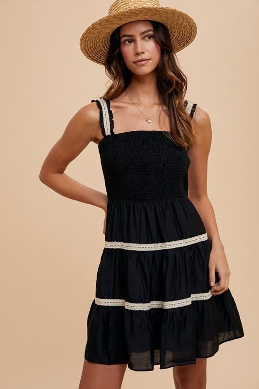 Crochet Trim Detail Ruffle Mini Dress - Black
