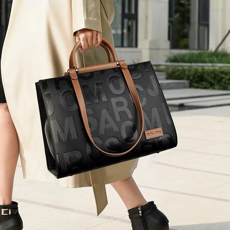 Women Handbag Large Capacity Letter Graphic Embossed Tote Bag Color Contrast Elegant Shoulder Bag Work Office Bag Women by Wanita Store