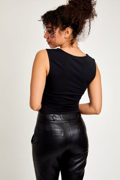 Square Neck Sleeveless Knit Top - Black