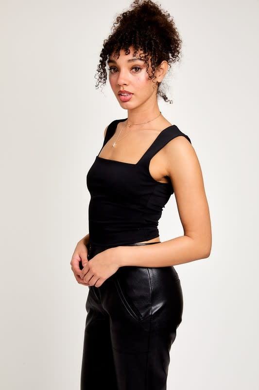 Square Neck Sleeveless Knit Top - Black