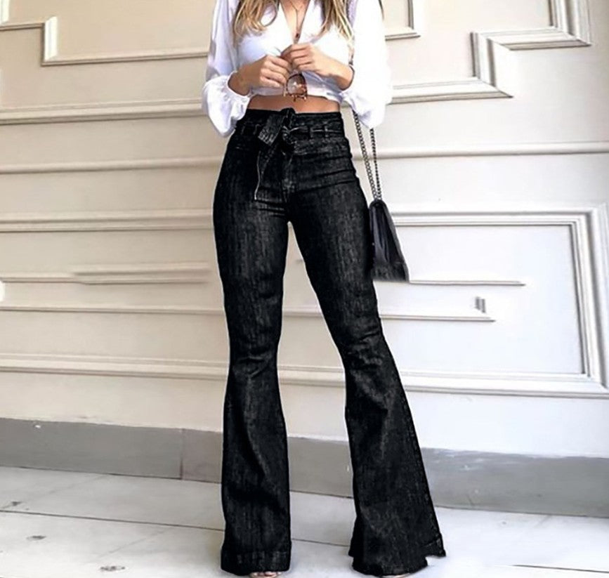 High Waist Hüftlift Schnür-Schlaghose Weite Hose Jeans Damen