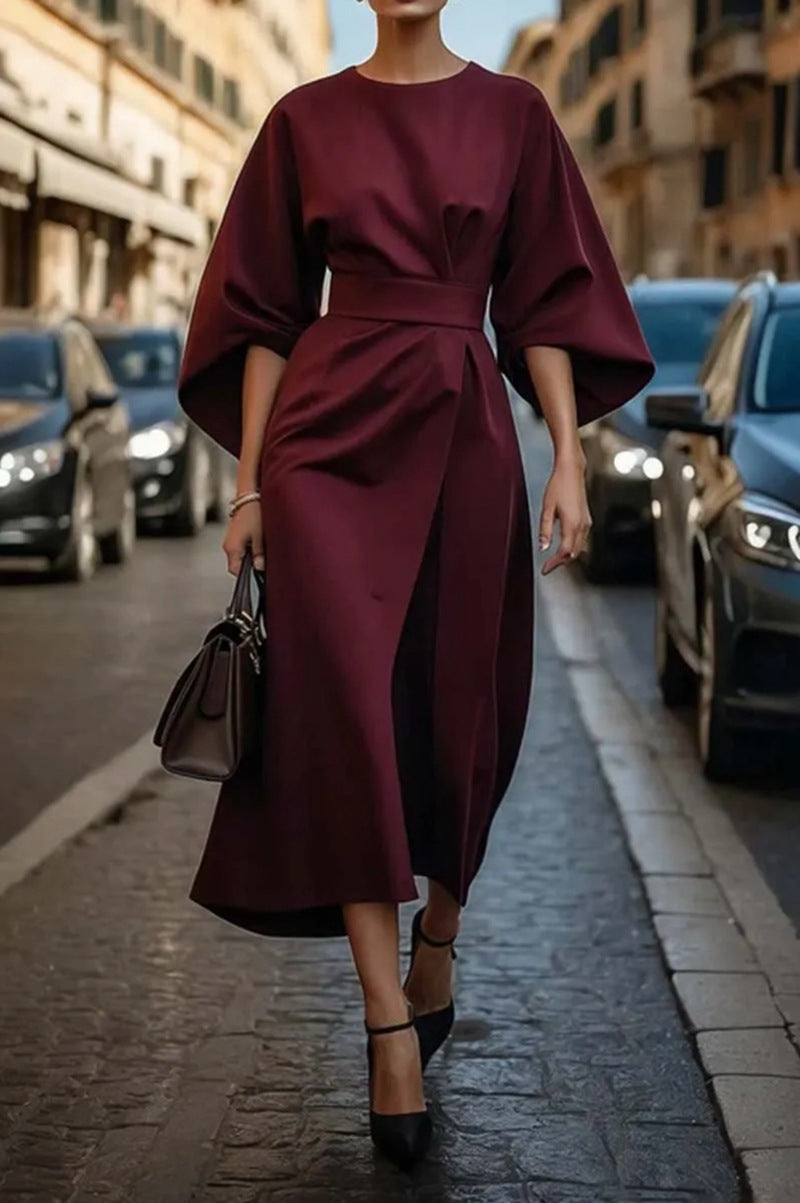 Womens Elegant Solid Color Waist-Cinching Batwing Sleeve Long Dress