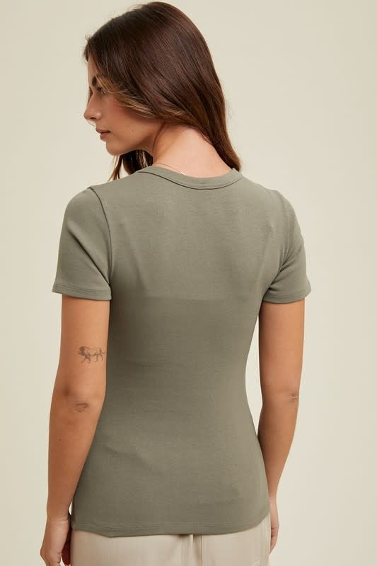 Side Ruched Ribbed Knit Top - G. Olive