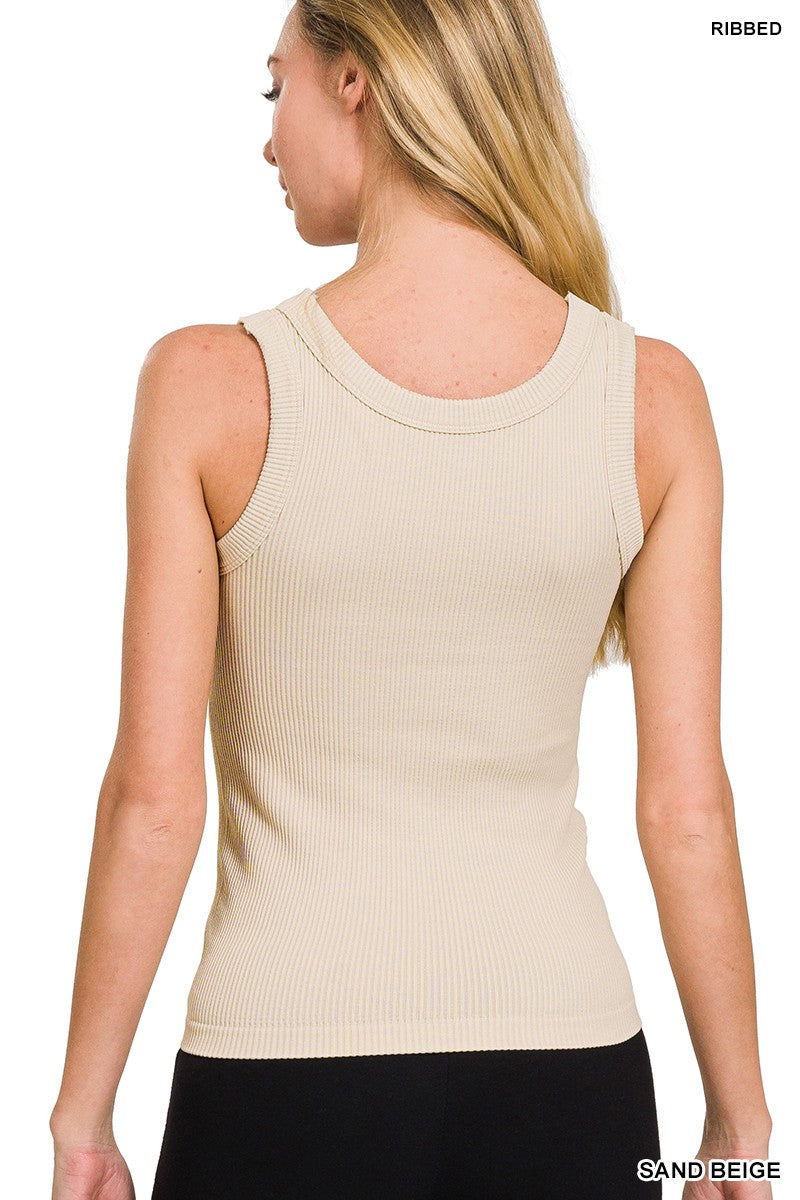 2 Way Neckline Seamless Ribbed Tank Top: Sand Beige