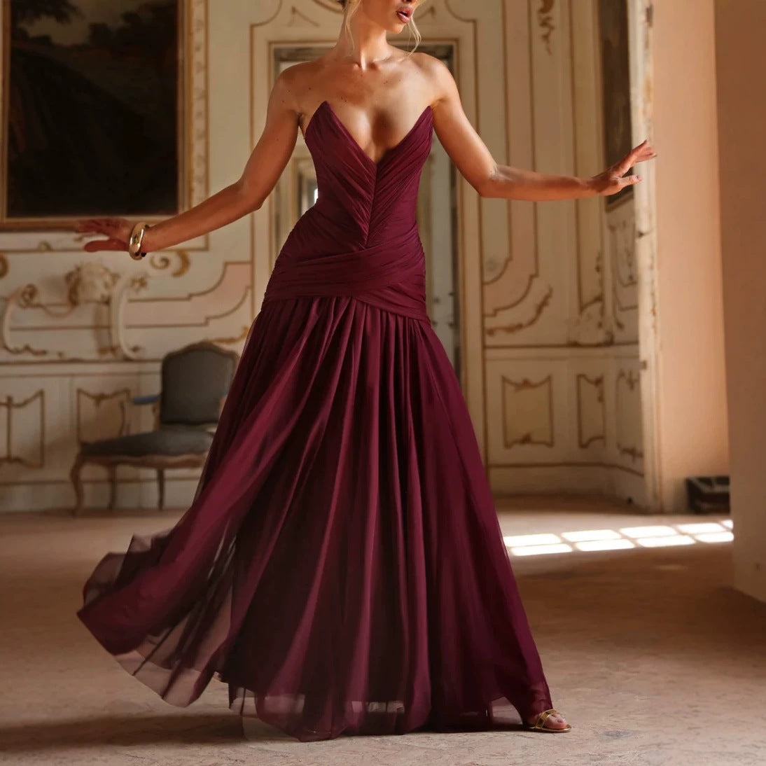 Womens Deep V-neck Mesh Evening Gown