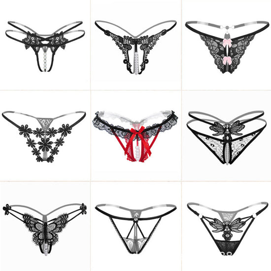 Sexy Dessous für Damen, Spitze, offener Schritt, vollkommen transparent, Nachtclub Perlenmassage-Tanga, europäisches und amerikanisches Design