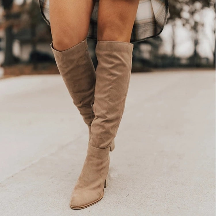 Plus Size Lange Stiefel Damen Wildleder Chunky Heel Spitz Zehe Seitlicher Reißverschluss Einfarbig Knight Boots