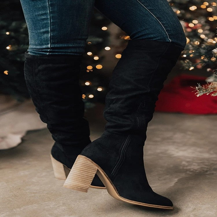 Plus Size Lange Stiefel Damen Wildleder Chunky Heel Spitz Zehe Seitlicher Reißverschluss Einfarbig Knight Boots