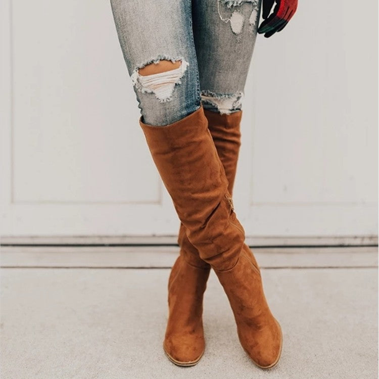 Plus Size Lange Stiefel Damen Wildleder Chunky Heel Spitz Zehe Seitlicher Reißverschluss Einfarbig Knight Boots
