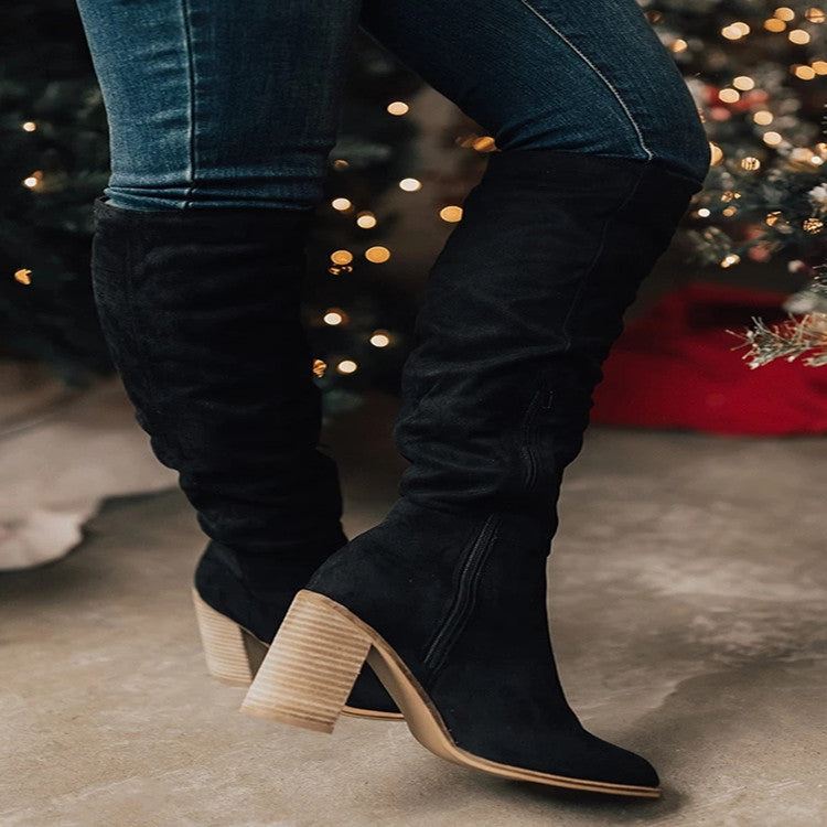Plus Size Lange Stiefel Damen Wildleder Chunky Heel Spitz Zehe Seitlicher Reißverschluss Einfarbig Knight Boots