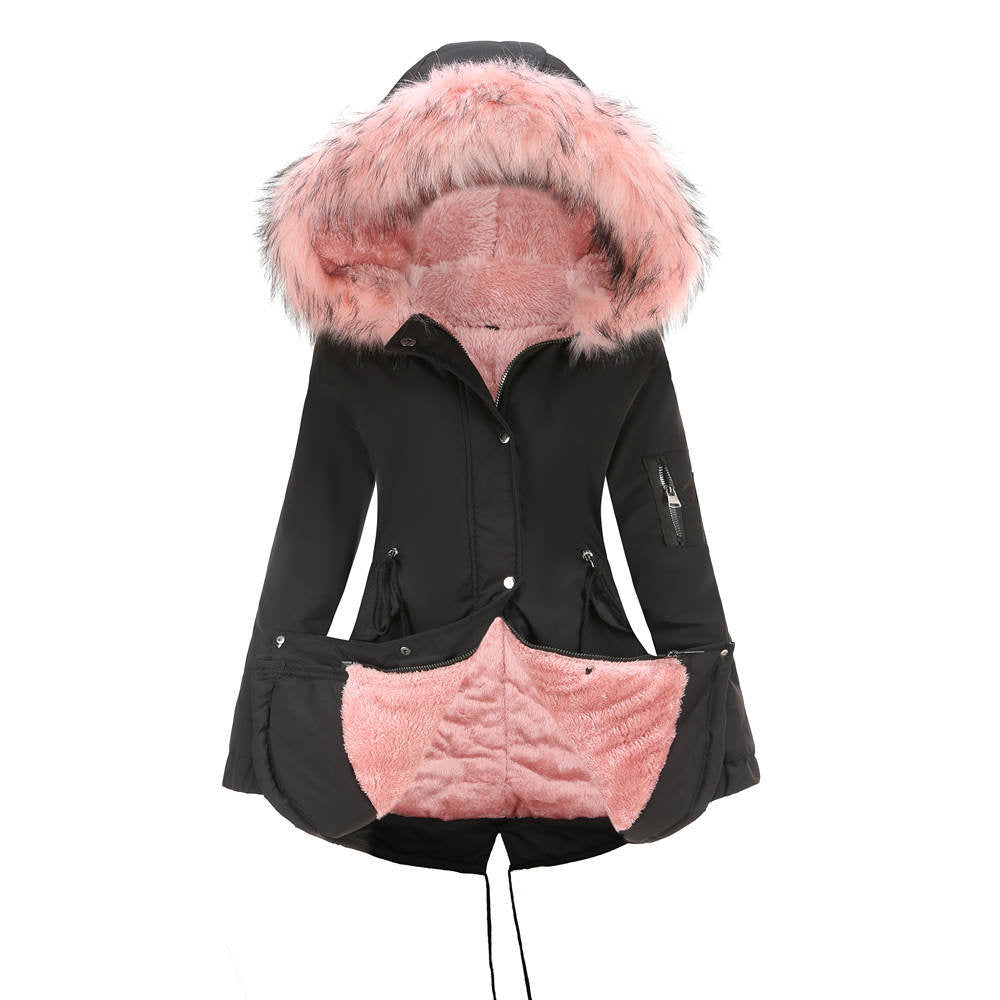 Großer Pelzkragen Verdickter Damen Steppmantel Mittellanger Kapuzen Winter Warmer Fleece-Mantel Steppmantel