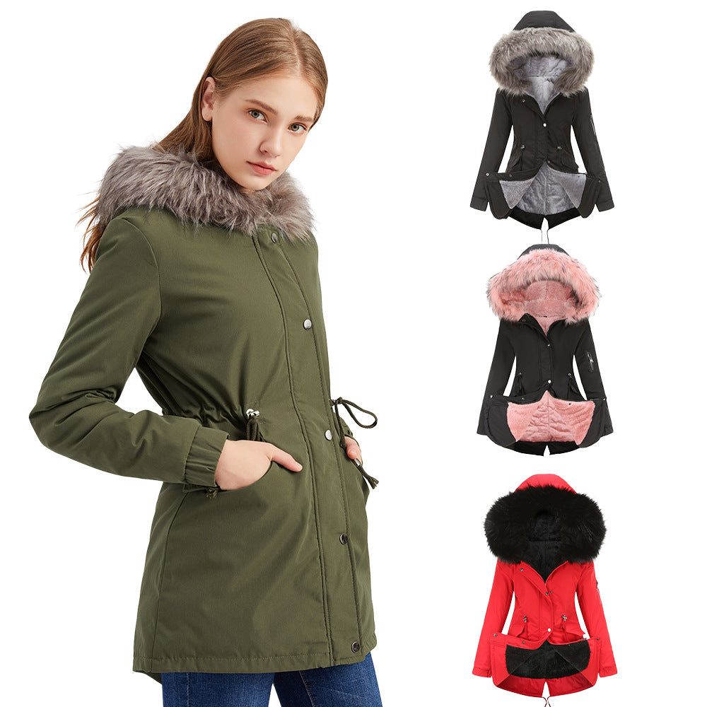 Großer Pelzkragen Verdickter Damen Steppmantel Mittellanger Kapuzen Winter Warmer Fleece-Mantel Steppmantel