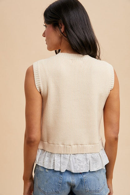 Mix Media Embroidery Layered Rib Sweater Top